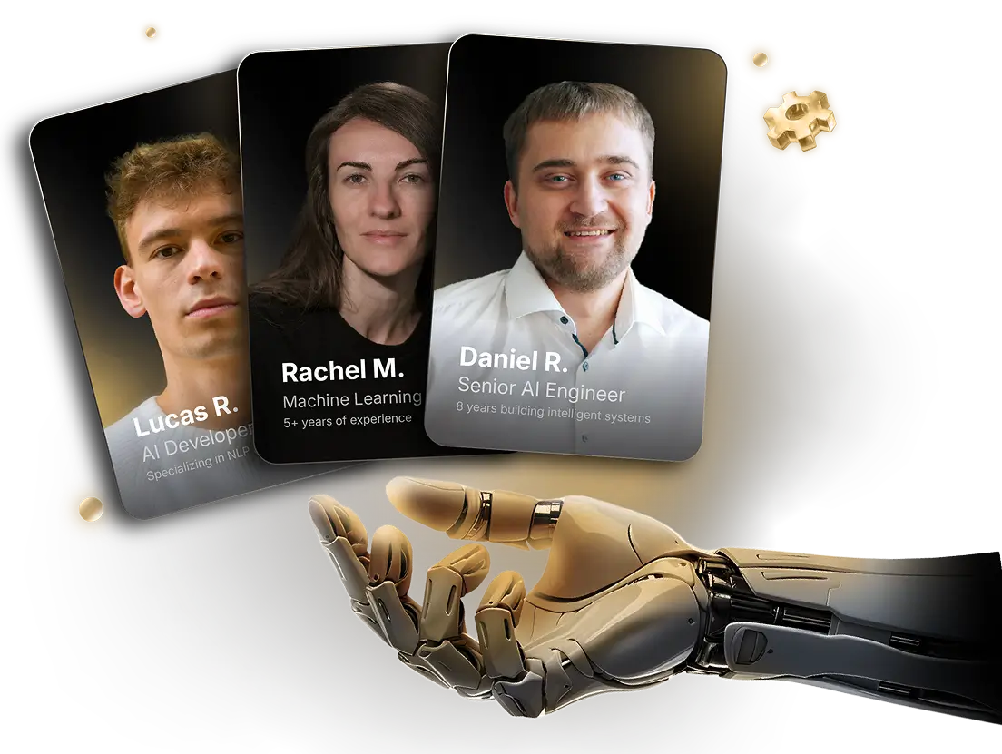 Robotic hand presenting AI engineers' profile cards — Lucas R., Rachel M., and Daniel R., specialists in machine learning and intelligent systems